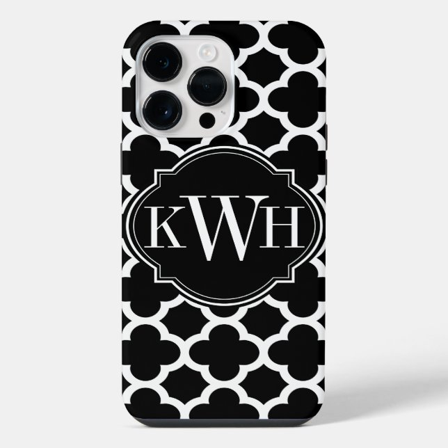 Quatrefoil Black and White Pattern Monogram Iphone Case (Back)