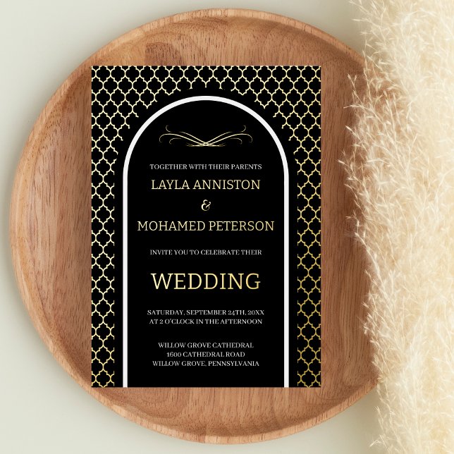 Quatrefoil Black Gold Wedding Morrocan Modern Foil Invitation (Creator Uploaded)