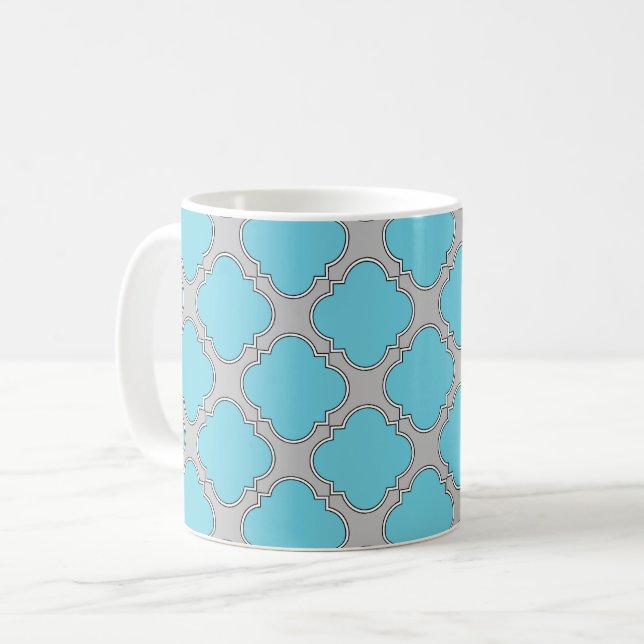 Quatrefoil blue and gray coffee mug (Front Left)