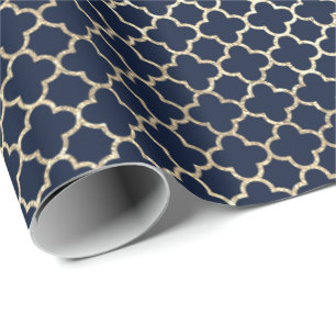 Quatrefoil Bridal Blue Navy Faux Gold Wrapping Paper
