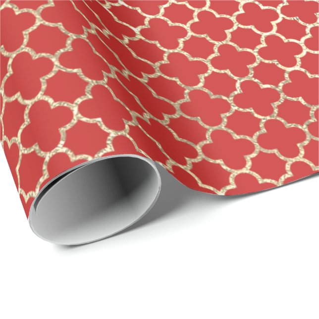 Quatrefoil Bridal Red Bright Art Deco Faux Gold Wrapping Paper (Roll Corner)
