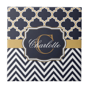 Quatrefoil Chevron Monogram Ceramic Tile
