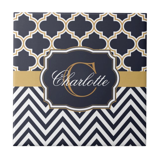 Quatrefoil Chevron Monogram Ceramic Tile (Front)