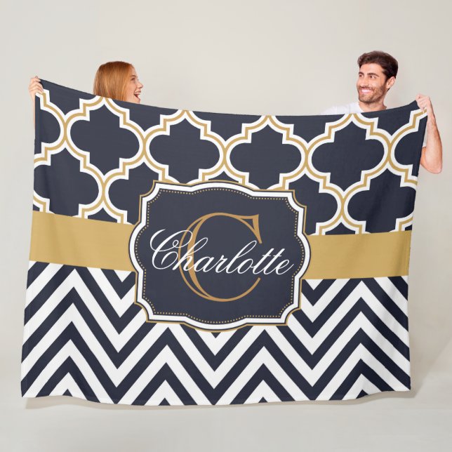 Quatrefoil Chevron Monogram Fleece Blanket (In Situ)