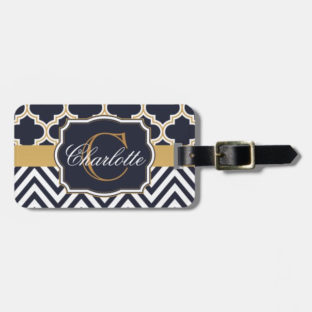 Quatrefoil Chevron Monogram Luggage Tag (Front Horizontal)