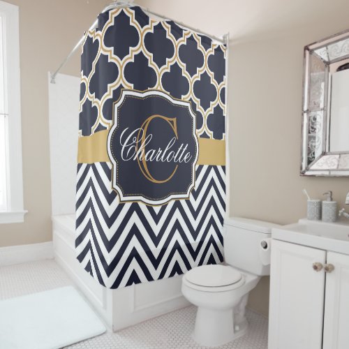 Quatrefoil Chevron Monogram Shower Curtain