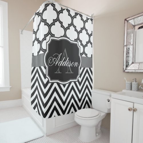 Quatrefoil Chevron Monogram Shower Curtain