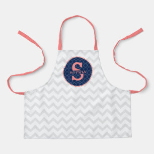 Quatrefoil Chevron Pattern Coral Monogram Apron
