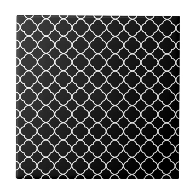 Quatrefoil Clover Pattern: Black & White Ceramic Tile (Front)