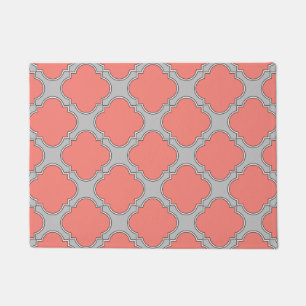 Quatrefoil coral and gray doormat