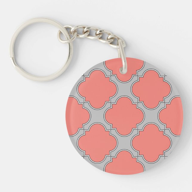 Quatrefoil coral and gray keychain (Front)