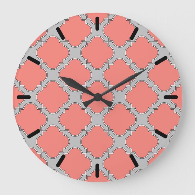Quatrefoil coral and gray large clock (Front)