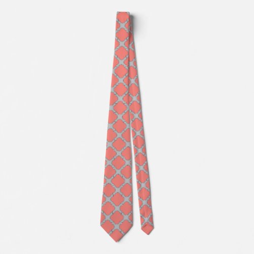Quatrefoil coral and gray neck tie