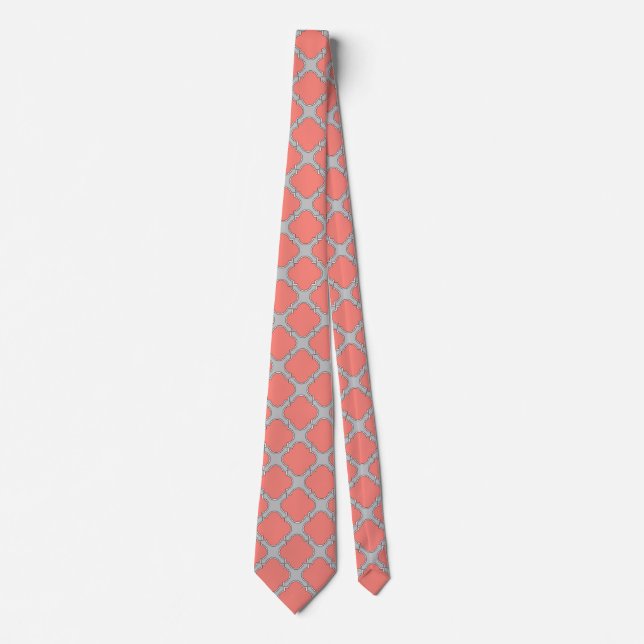 Quatrefoil coral and gray neck tie (Front)