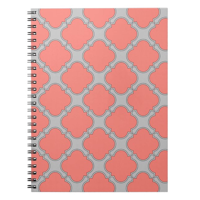 Quatrefoil coral and gray notebook (Front)