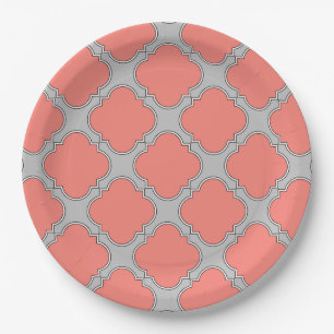 Quatrefoil coral and gray paper plates