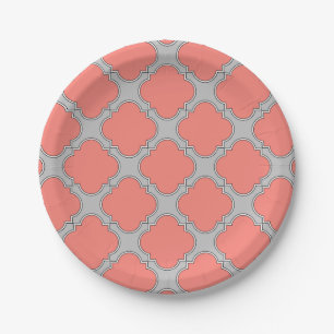 Quatrefoil coral and gray paper plates
