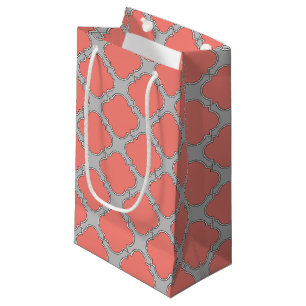 Quatrefoil coral and gray small gift bag
