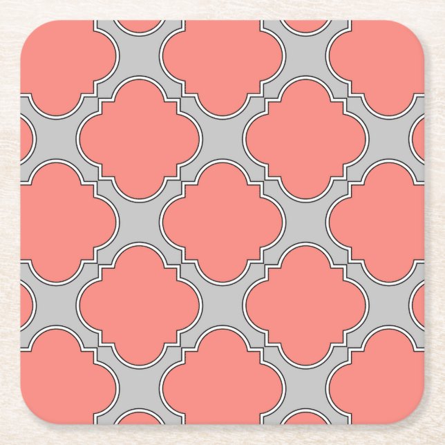 Quatrefoil coral and gray square paper coaster (Front)