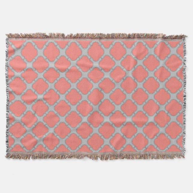 Quatrefoil coral and gray throw blanket (Front)