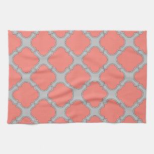 Quatrefoil coral and gray towel