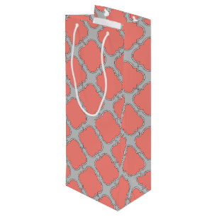Quatrefoil coral and gray wine gift bag