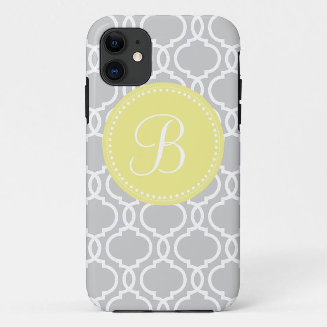 Quatrefoil Custom Monogram in Gray and Yellow Case-Mate iPhone Case (Back)