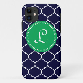 Quatrefoil Custom Monogram in Navy and Kelly Green iPhone 11 Case