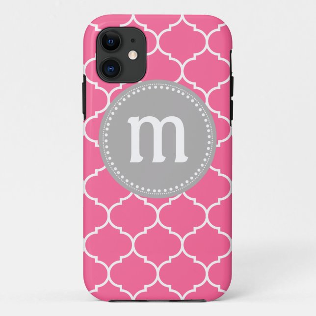 Quatrefoil Custom Monogram in Pink and Gray Case-Mate iPhone Case (Back)