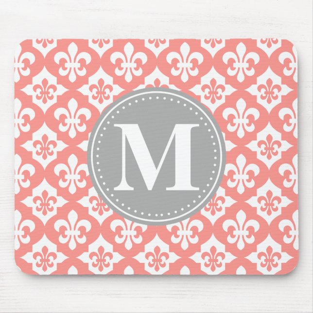 Quatrefoil Fleur-De-Lis Coral Pink Gray Monogram Mouse Pad (Front)