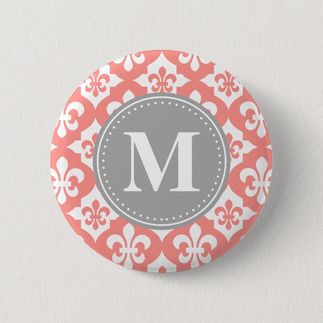 Quatrefoil Fleur-De-Lis Coral Pink Grey Monogram Pinback Button (Front)