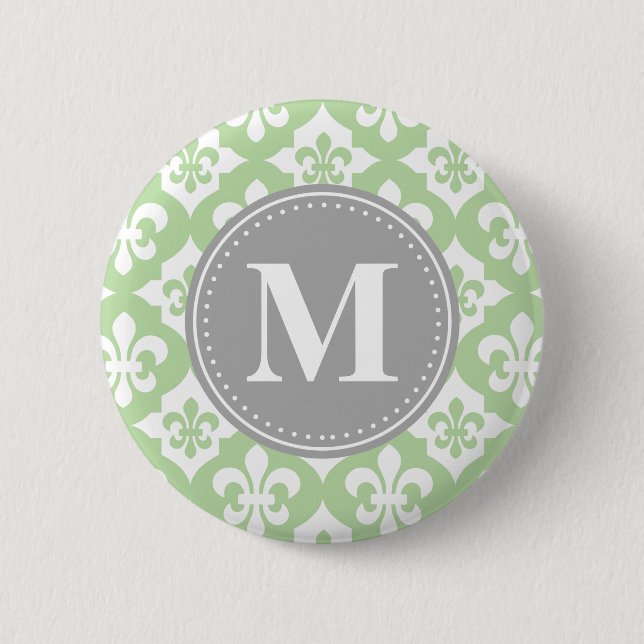 Quatrefoil Fleur-De-Lis Mint Green Grey Monogram Button (Front)