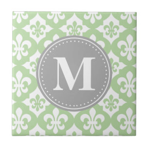 Quatrefoil Fleur-De-Lis Mint Green Grey Monogram Ceramic Tile