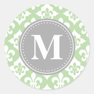 Quatrefoil Fleur-De-Lis Mint Green Grey Monogram Classic Round Sticker