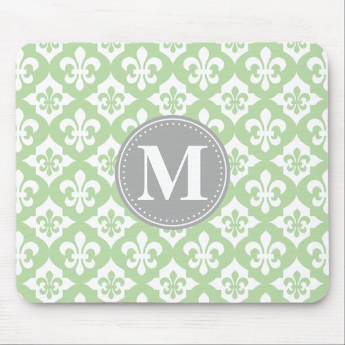 Quatrefoil Fleur_De_Lis Mint Green Grey Monogram Mouse Pad