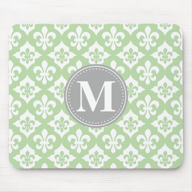 Quatrefoil Fleur-De-Lis Mint Green Grey Monogram Mouse Pad (Front)