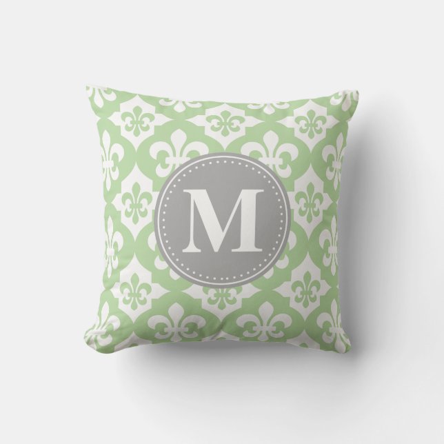 Quatrefoil Fleur-De-Lis Mint Green Grey Monogram Throw Pillow (Front)