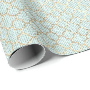 Quatrefoil Foxier Gold Mint Green Pastel Linen Wrapping Paper