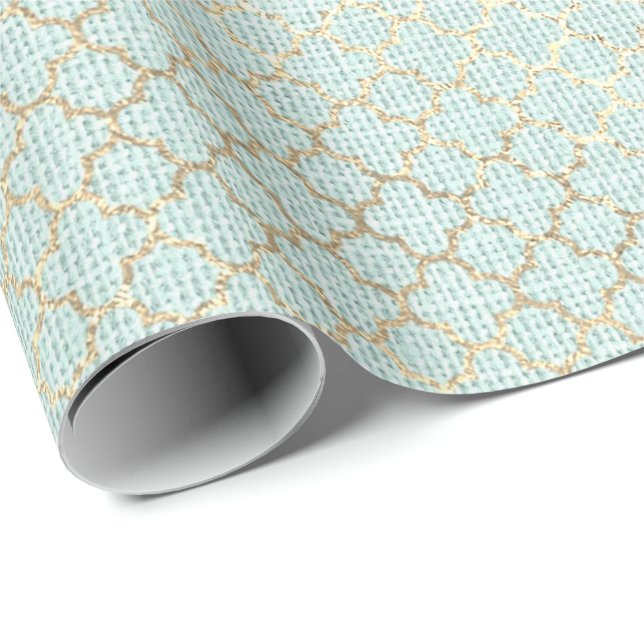 Quatrefoil Foxier Gold Mint Green Pastel Linen Wrapping Paper (Roll Corner)