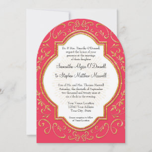 Quatrefoil Frame Script Swirl Gold Glitter Formal Invitation
