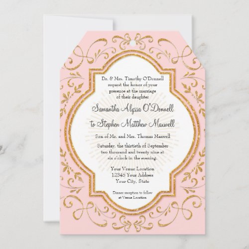 Quatrefoil Frame Script Swirl Gold Glitter Formal Invitation