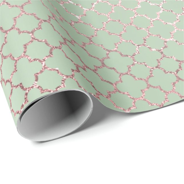 Quatrefoil Glam Pink Rose Mint Green Bridal Shiny Wrapping Paper (Roll Corner)