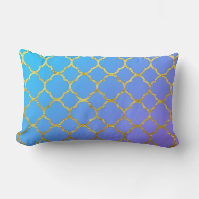 Quatrefoil Gold Foil Patterns Blue Ombre Sparkly Lumbar Pillow (Front)