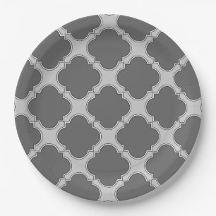 Quatrefoil in shades of gray paper plates