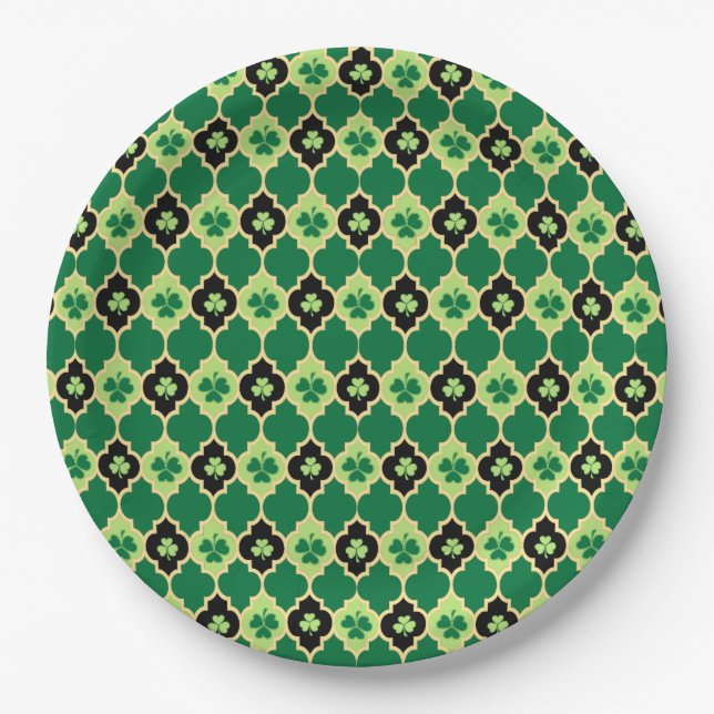 Quatrefoil Irish Shamrocks Paper Plates (Front)