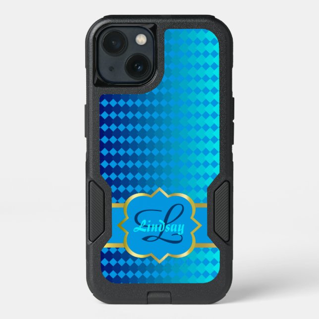 Quatrefoil monogram and blue squares pattern otterbox iPhone case (Back)