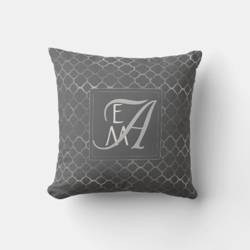 Quatrefoil MONOGRAM GRAY SILVER Newlyweds Wedding Throw Pillow