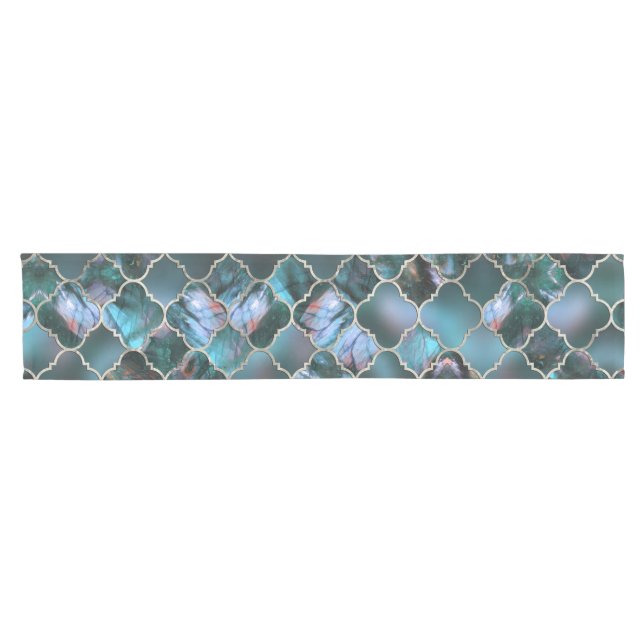 Quatrefoil Moroccan Pattern Labradorite Short Table Runner (Horizontal)