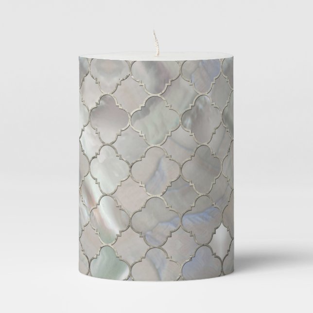 Quatrefoil Moroccan Pattern Mother of Pearl Pillar Candle (Front)