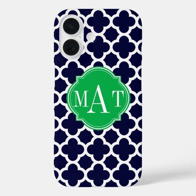 Quatrefoil Navy Blue and Kelly Green Monogram Case-Mate iPhone Case (Back)